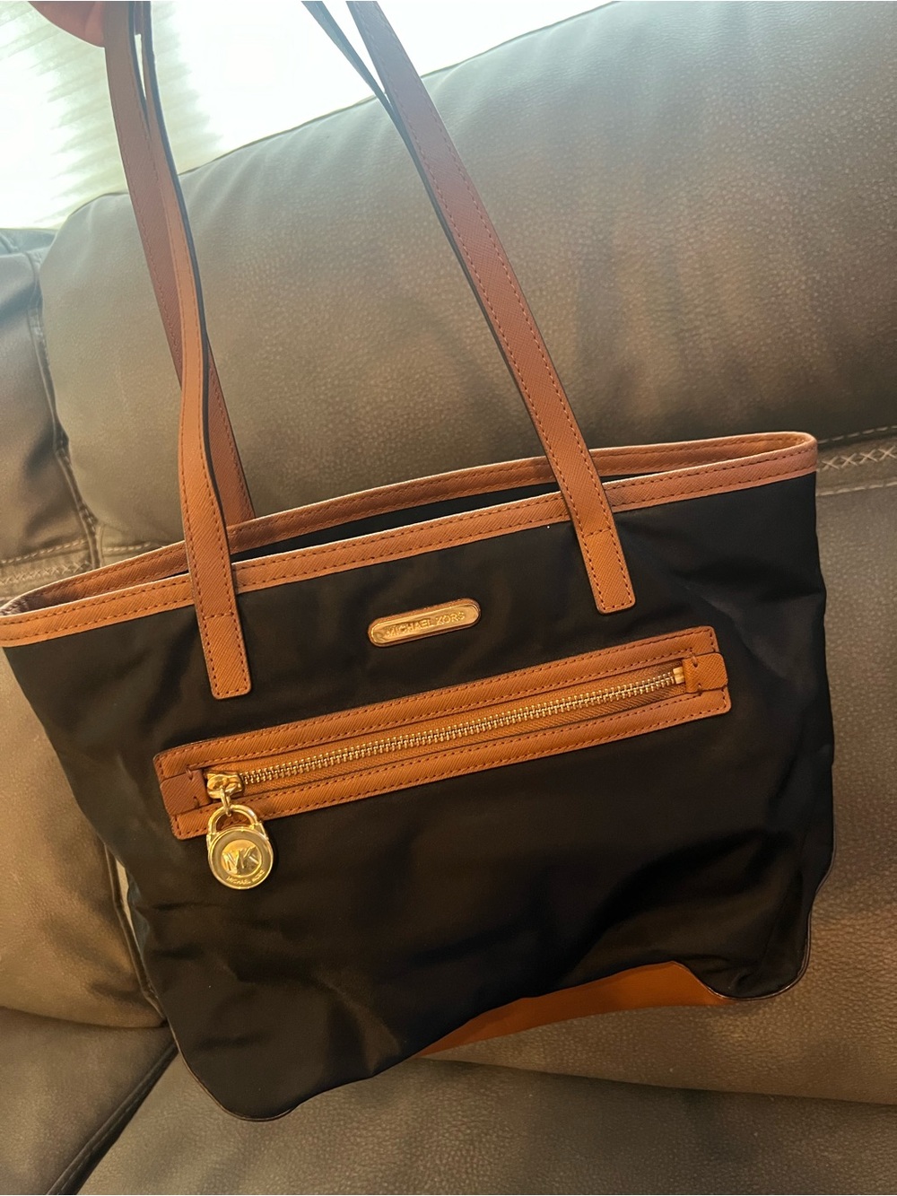 Michael Kors Black Nylon Tote with Brown Trim and Gold Hardware